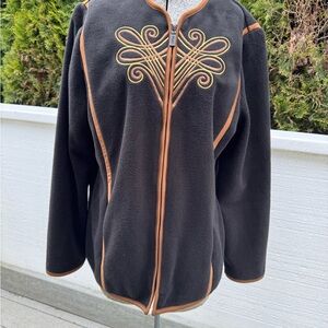 Bob Mackie Wearable Art Embroidered Fleece Jacket Black Gold Small EUC